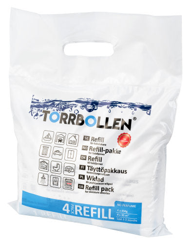 Torrbollen refillpakke med 4 fugtfjernerposer til effektiv fugthåndtering