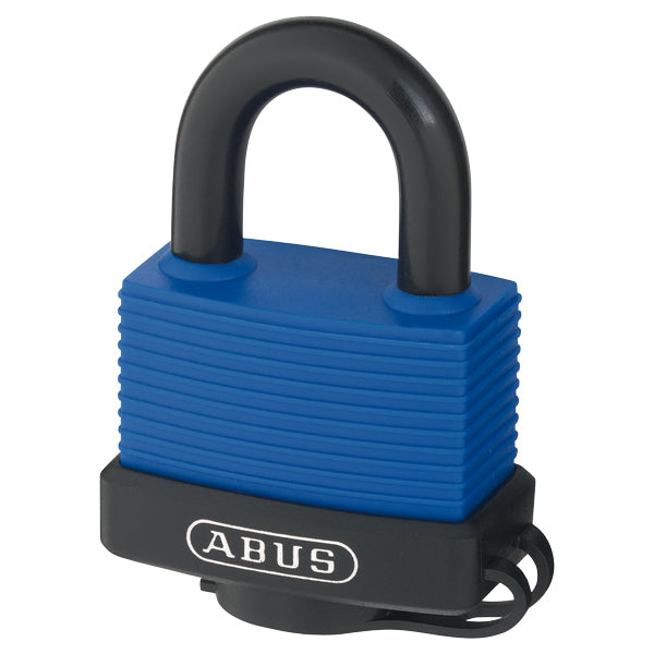 Abus hængelås i plastforseglet design, set fra siden