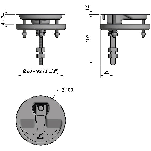 Set fra siden, Roca dørkbeslag 100mm RF316 i rustfrit stål