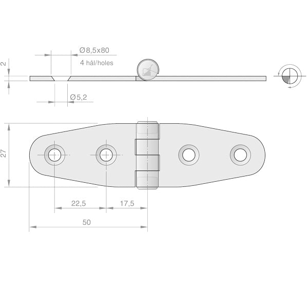 Roca hængsel RF 316 100x30mm monteret på en båddør for stabilitet.