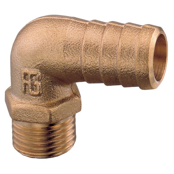 Guidi slangestuds 90° med udvendigt gevind i messing, set fra siden.