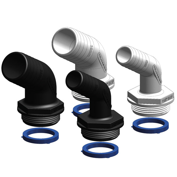 Trudesign Aquavalve slangestuds hvid i 120° vinkel, viste fra siden.
