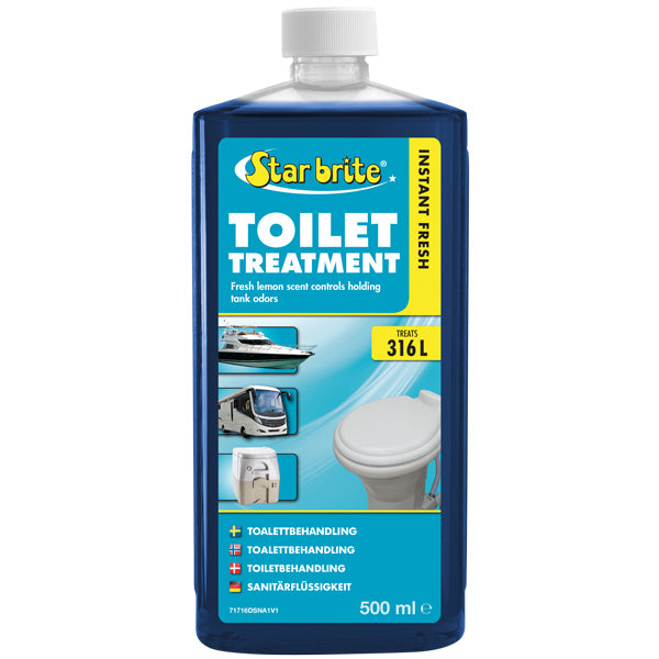 Flasken med Star Brite toilet væske set fra siden, klar til brug.