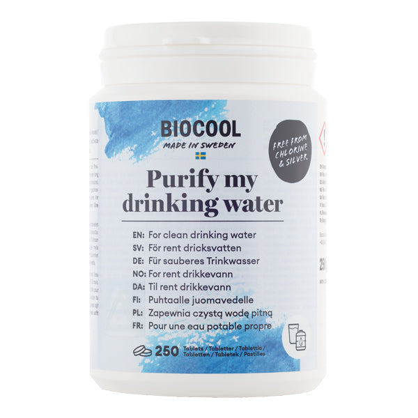 Bio Cool Purify vandrensningstabletter i emballage, klar til brug.