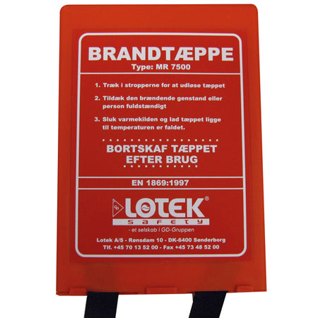SeaTec brandtæppe i box, mål 1,20x1,8m, klar til brug om bord.