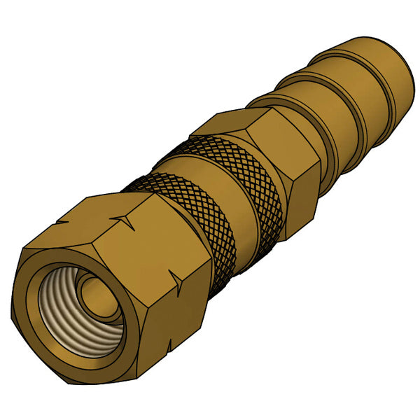 IGT gas quick connector med 1/4" gevind og Ø8mm slangestuds, vist på hvid baggrund.