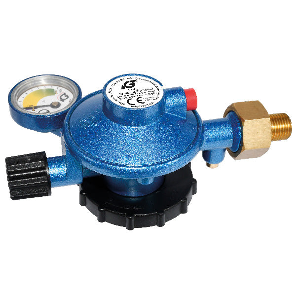 IGT gas regulator med manometer til blå CGI gasflasker set forfra