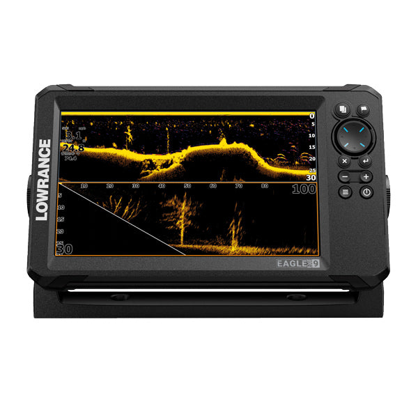 Lowrance EYE-9 Live monteret på bådhylde med tilbehør.