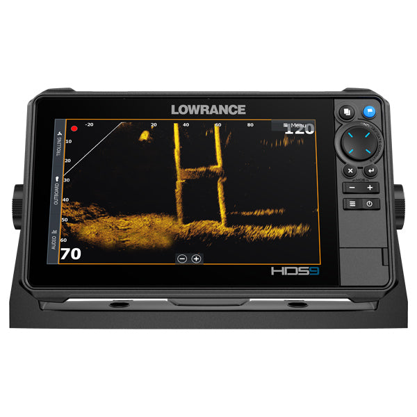Frontvinkel af Lowrance HDS-9 PRO, perfekt til bådmonitorering.