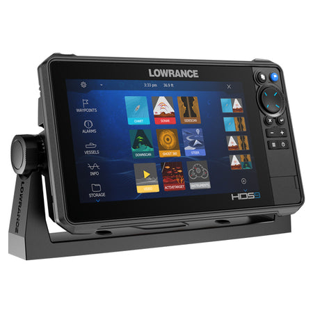 Lowrance HDS-9 PRO set fra siden, tydeligt display og knapper.