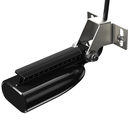 Lowrance Splitshot hæktransducer set fra siden, klar til montering på båd.