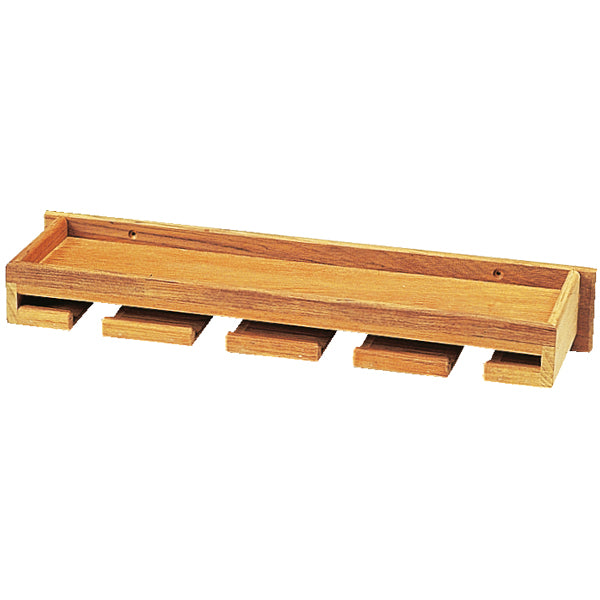Roca vinglasholder i teak træ med tophylde, viste fra siden.