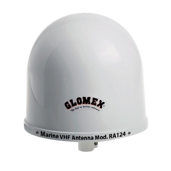 Glomex RA124 VHF antenne set fra siden med tilsluttet 9m kabel