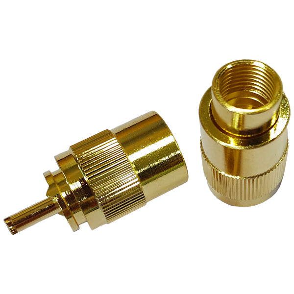 VHF stik PL259 til 10mm kabel med guldbelægning, set forfra.