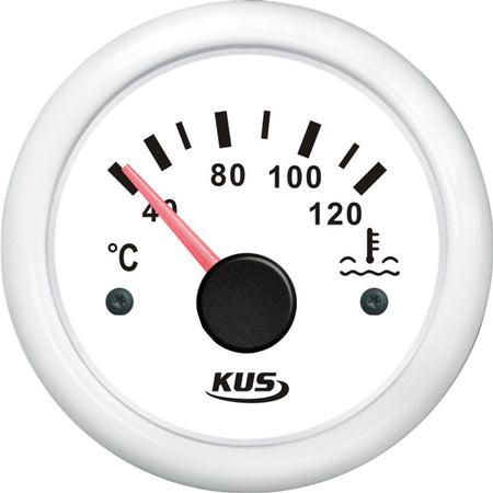Kus kølvands temperaturmåler i hvid, klar visning af temperaturinterval 40-120 grader.