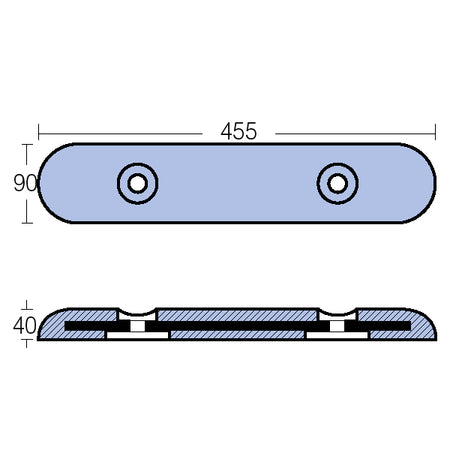 Forfra billede af Tecnoseal zink plade, viser dimensioner og vægt.