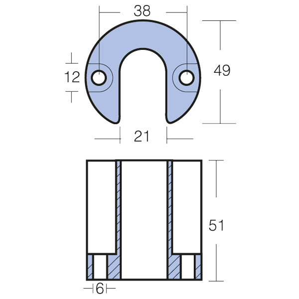 Zinkanode fra Tecnoseal vist ovenfra, designet til at beskytte bådmotoren
