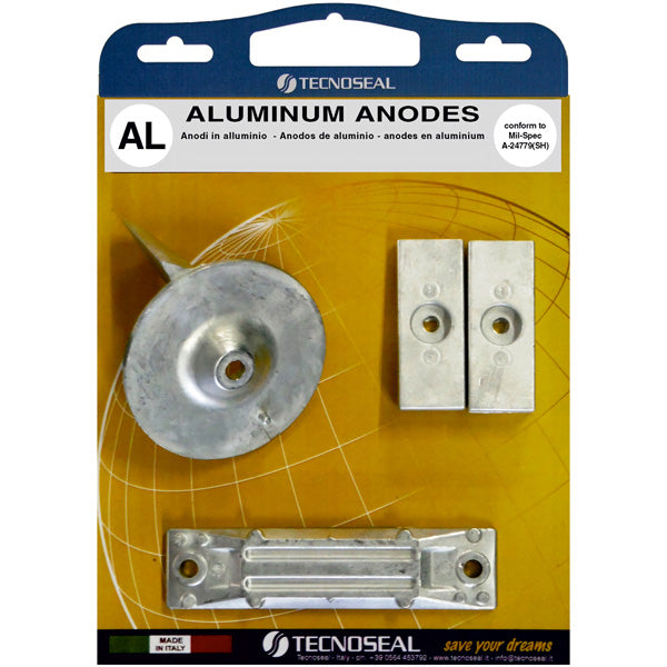Tecnoseal alu anode kit til Honda 40hk og 50hk, præsenteret i emballage.