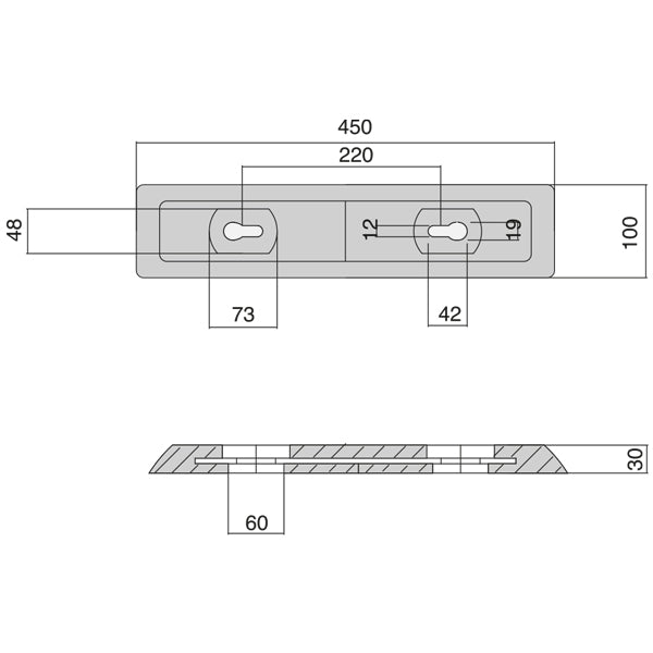 1852 zink anode liggende på overflade, viser detaljerne på 450x100x12mm.