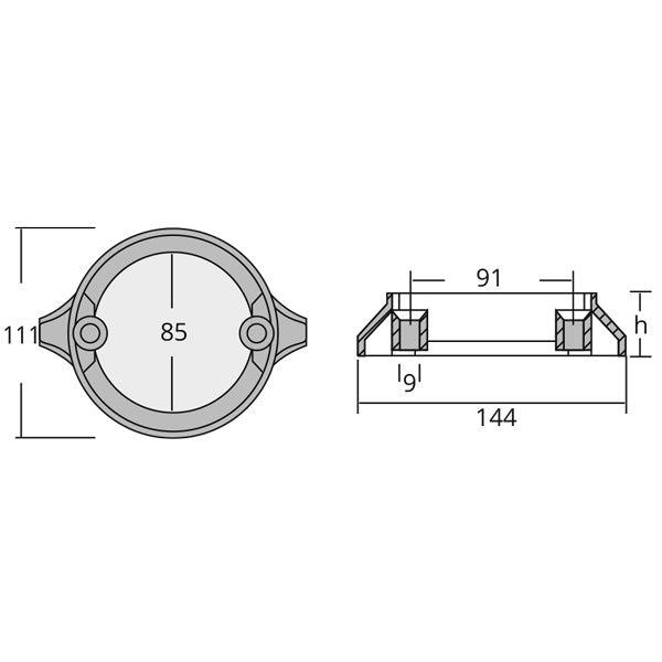 1852 zinkring monteret på propeller, vises bagfra med mål 144×111×30 mm.