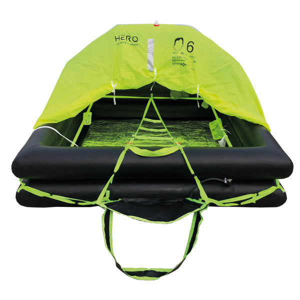 Hero redningsflåde i container, set fra siden.