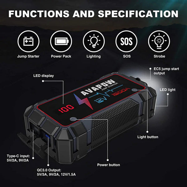 Avapow A9 jump starter vist forfra på en båd