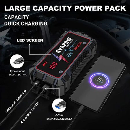 Avapow A9 jump starter med LED-lampe tændt