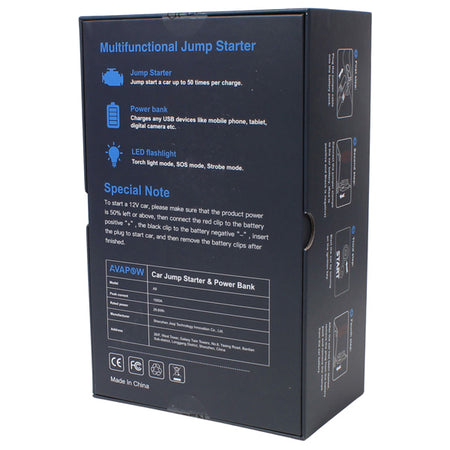 Avapow A9 jump starter set bagfra med tilsluttede kabler