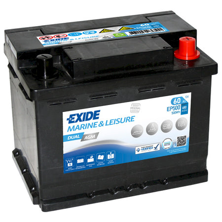 Exide AGM batteri set forfra, ideelt til bådbrug med 680cca og 60Ah.