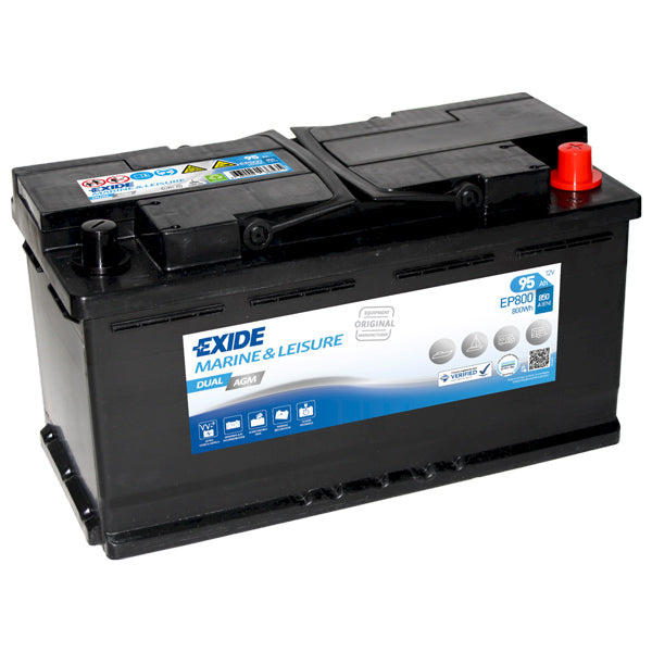 Exide AGM batteri set forfra, ideelt til bådbrug med høj kapacitet.