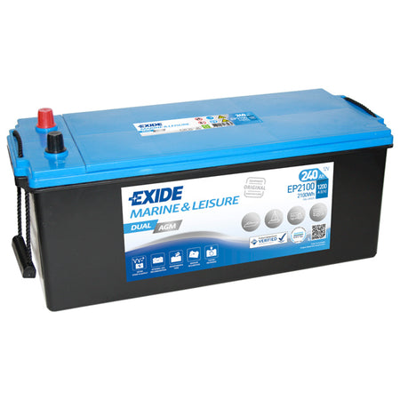 Exide AGM batteri set fra siden, klar til installering i båd.