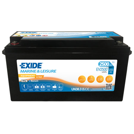 Exide EV2500 lithium batteri set fra siden med mål og specifikationer