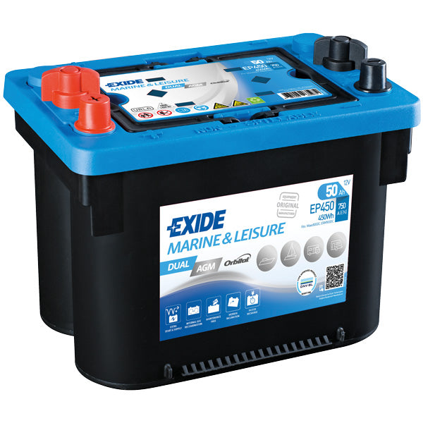 Exide batteri dual AGM spiral med gevind, set fra siden på hvid baggrund.