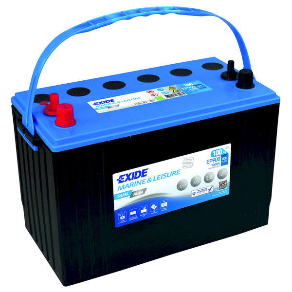Exide AGM batteri set forfra, klar til installation på båden.