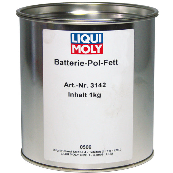 Liqui Moly, 1 kg fedt til batteripoler, set fra siden med fokus på emballagen