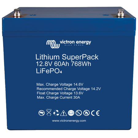 Victron lithium SuperPack 12V 60Ah set forfra, designet til både og marine brug.