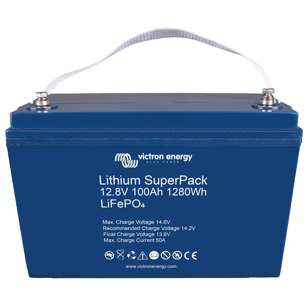 Victron Lithium SuperPack 12V 100Ah set fra siden, klar til installation.