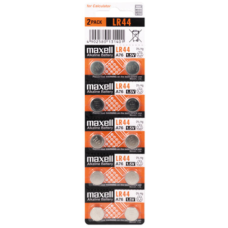 Maxell Alkaline LR44 batterier pakket i en praktisk 10-pak