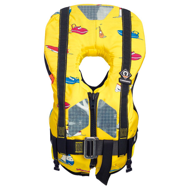Crewsaver Supersafe 150N redningsbørneveste i brug på en legeplads ved vandet