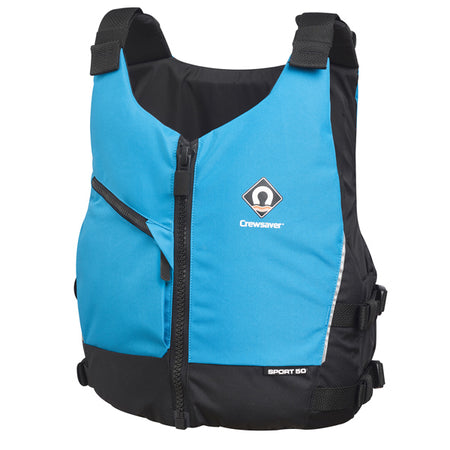 Crewsaver Sport 50N flydevest i blå hængende på båd, der viser rygdesignet.