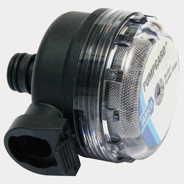 Jabsco pumpgard filter 90 grader set forfra, designet til hurtig tilslutning.