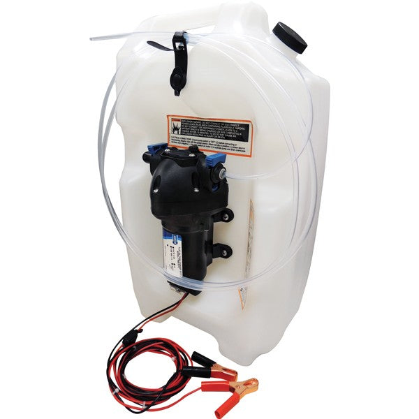 Jabsco 12v oliepumpe med 13l tank, vist fra siden