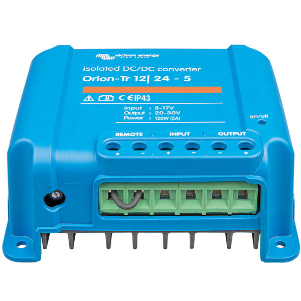 Victron Orion-Tr galvanisk omformer set forfra, designet til 24V til 12V konvertering.
