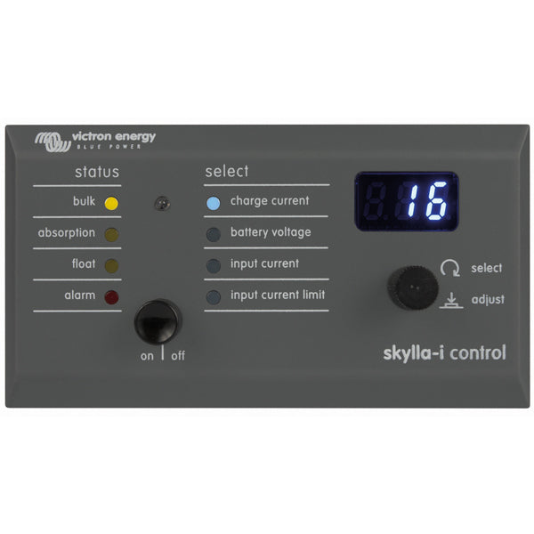 Victron kontrolpanel til Skylla-i lader, set forfra med tydelige betjeningsknapper.