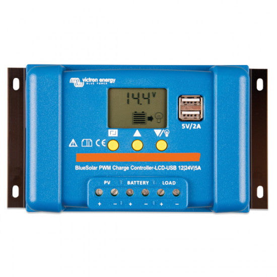 Victron BlueSolar PWM-LCD & USB set forfra med LCD-skærm og tilslutninger