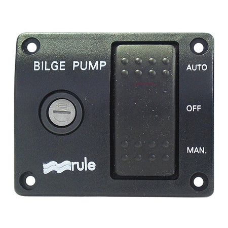 Rule pumpepanel 24v/32v med 3-vejs kontakt, set forfra på båd