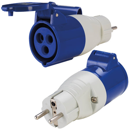 SeaTec adapter schuko han til cee hun set fra siden, ideel til bådstrømforsyning.