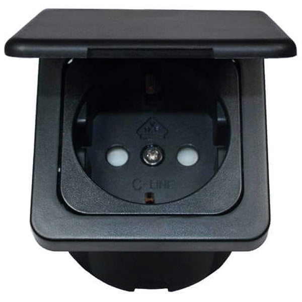 SeaTec indbygningsstik 220 V med klap, sort farve, set forfra.