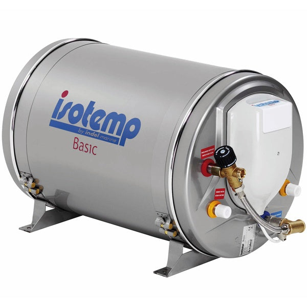 Isotemp varmtvandsbeholder 24l set fra siden, klar til installation på båd.