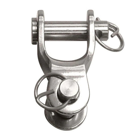 Ronstan 2-vejs sjækel 10 mm, set forfra med stålfinish.